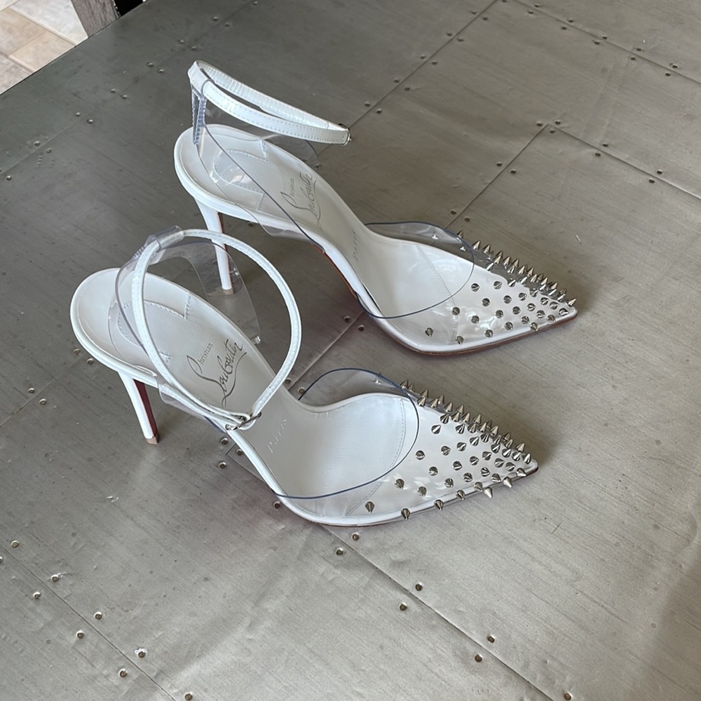 Christian Louboutin spikoo white patent spike stiletto pvc 100mm sz 36.5 - Picture 2 of 12